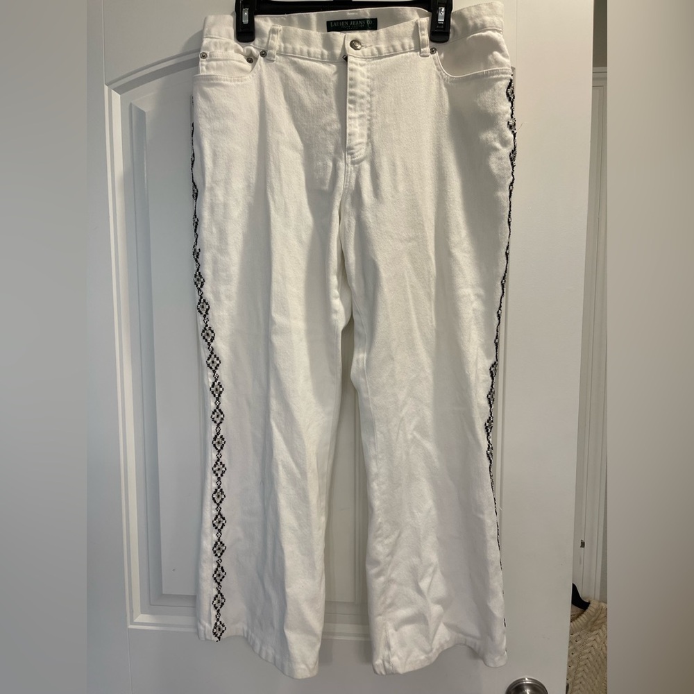 Vintage polo Ralph Lauren Aztec boho Beaded White cropped Jeans size 14 petite